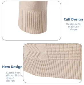 Detail view of ribbed cuffs and hem on cream white turtleneck knit sweater for men