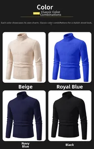 Four color options for men's turtleneck sweaters in beige, royal blue, navy and black
