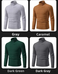 Detail view of men's turtleneck sweaters in gray, caramel, and dark green knits