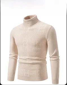 Close-up of geometric diamond texture on men's turtleneck knit sweater in beige