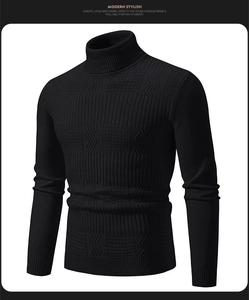 Macro detail of men's turtleneck sweater featuring intricate jacquard texture and ribbed cuffs