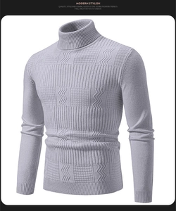 Macro view of men's grey turtleneck sweater showing 3D textured knit patterns