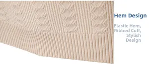 Détail de l'ourlet du pull en tricot beige avec motif de losanges et bords côtelés