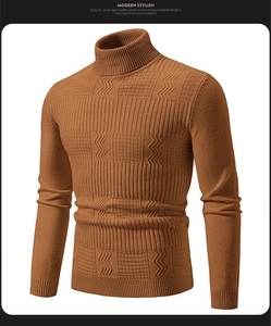 Macro view of caramel men's turtleneck sweater with intricate geometric knit textures