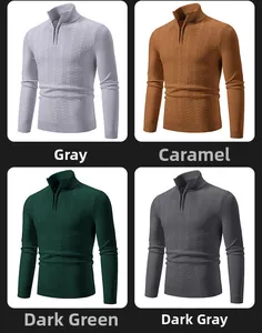 Détails de tricot torsadé du pull à demi-zip en gris, caramel et vert foncé