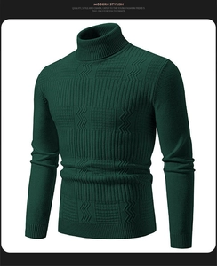 Detailed view of dark green turtleneck sweater with geometric textured knit and ribbed cuffs