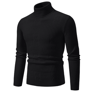 Men's black turtleneck knit sweater with geometric striped texture and ribbed trims