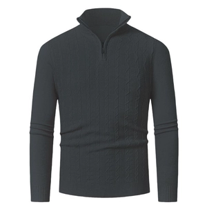 Detail of men's charcoal grey cable-knit sweater featuring a quarter-zip mock neck collar