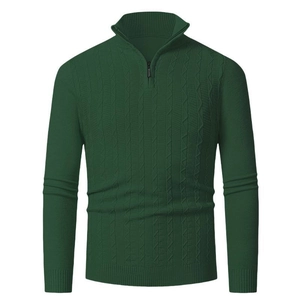 Macro detail of dark green knit sweater with half-zipper collar and rib cuffs texture