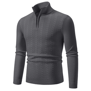 Pull homme gris foncé avec quart de zip, manches longues et motif de tricot en losange