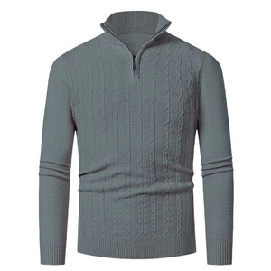 Men's slim fit dark grey cable-knit sweater with half-zip stand collar for autumn and winter