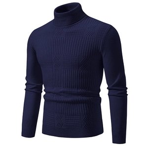 Men's navy blue turtleneck knit sweater with 3D checkered patterns and ribbed cuffs
