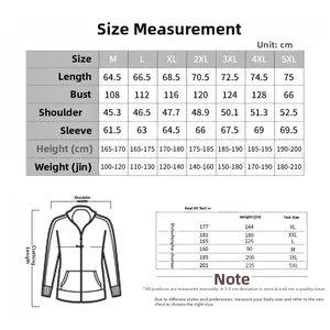 Detailed size chart for men's winter jackets with height and weight measurements