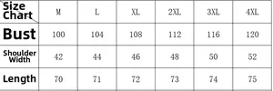 Size guide table for men's cotton linen beach shirt showing bust and length measurements