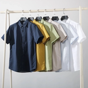Short sleeve men's cotton linen shirts in six colors including navy, yellow, and blue