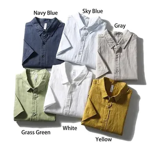 Mens casual short sleeve cotton shirts in six colors folded neatly on white background