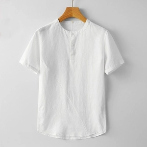 Camiseta Henley de lino y algodón blanco para hombre con costura diagonal decorativa