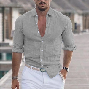 Men's light grey cotton linen long sleeve beach shirt with classic lapel and slim fit design