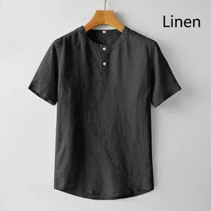 Camiseta Henley de lino gris oscuro para hombre con costura diagonal y manga corta