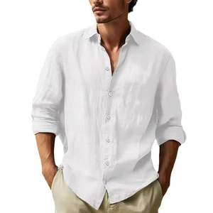 Men's loose white linen long sleeve shirt with classic lapel collar and casual buttons