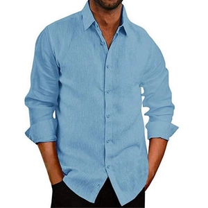Men's light blue breathable linen long sleeve button-down shirt with a classic lapel collar