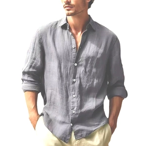 Men's relaxed fit long sleeve linen shirt in charcoal grey with casual lapel and buttons
