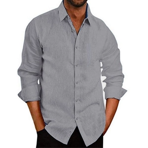 Men's grey long sleeve linen blend shirt with classic collar and button-down front