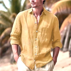 Men Cotton Linen Shirt Long Sleeve Button Down Casual Beach Holiday Tops Solid Color Breathable Regular Fit Spring Summer Shirt