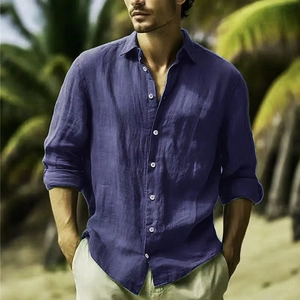 Men's navy blue cotton linen long sleeve shirt for summer beach holiday casual wear
