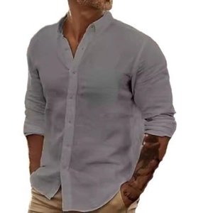Men's grey cotton linen long sleeve shirt with chest pocket and classic button collar