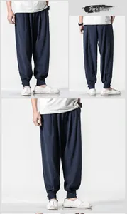 Detailed views of navy blue linen harem pants featuring traditional Chinese knot cuffs