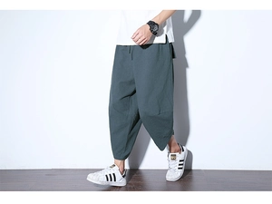 Pantaloni harem in lino a gamba larga da uomo blu-grigio con coulisse in vita regolabile
