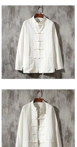 Détail de chemise en lin blanc avec boutons chinois traditionnels et col officier