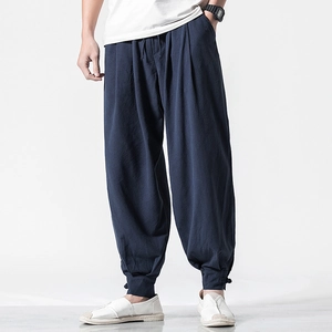 Men Harem Pants Cotton Linen Drawstring Waist Button Cuff Loose Fit Breathable Casual Trousers Retro Chinese Style Male Joggers