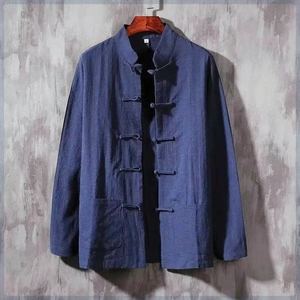 Chemise de Style Chinois Rétro pour Hommes en Coton Lin Manches Longues Boutons Grenouille Col Montant Costume Tang Haut Décontracté