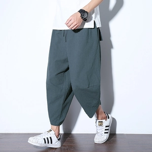 Pantaloni Harem Casual da Uomo in Cotone e Lino Stile Giapponese Retro Vestibilità Larga Vita Elastica con Coulisse Pantaloni Corti da Spiaggia
