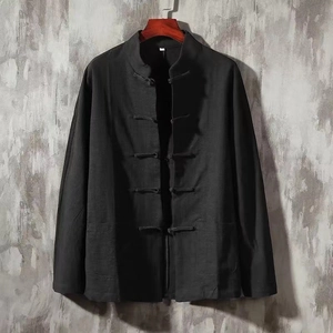 Veste traditionnelle Tang noire en lin avec col mao et boutons chinois pour hommes