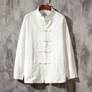 Chemise en lin blanc pour hommes avec boutons traditionnels et col mao élégant