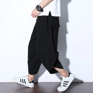 Pantaloni larghi da uomo in lino nero con gamba larga e stile vintage casual