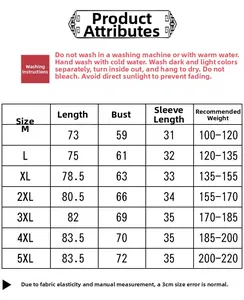 Detailed size chart for men's loose ice silk shirt featuring measurements from M to 5XL