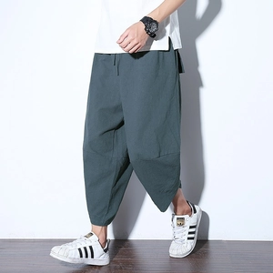 Pantaloni harem in lino da uomo verde scuro, vestibilità ampia con coulisse per relax estivo