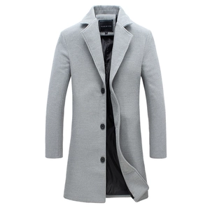 Slim fit light gray wool blend overcoat for men with notch lapels and three-button closure