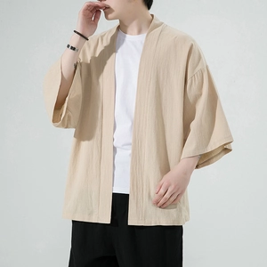 Men's loose linen kimono cardigan in light khaki with breathable texture and open front