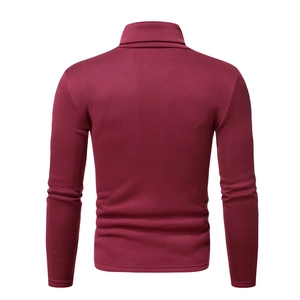 Detail view of the back seams and high collar on a slim-fit burgundy long sleeve shirt
