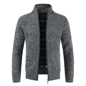 Men's standing collar knit cardigan sweater with fleece lining and ribbed cuffs in grey
