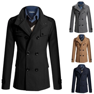 Detail view of men's slim fit wool pea coat with epaulettes and multi-color swatches
