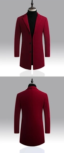 Vues avant et arrière d'un trench-coat bordeaux en laine mélangée pour homme coupe longue