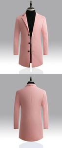 Détails avant et arrière d'un manteau en laine rose avec revers et boutons élégants