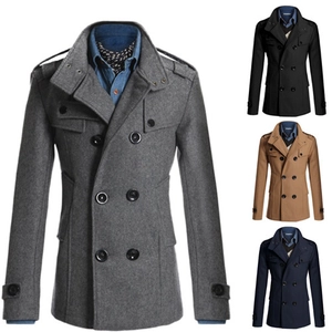 Detail view of men's slim fit pea coat featuring standing collar and shoulder epaulettes