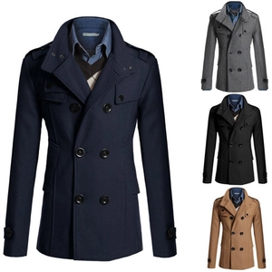 Slim fit men's double breasted wool blend overcoat with epaulettes and windproof collar